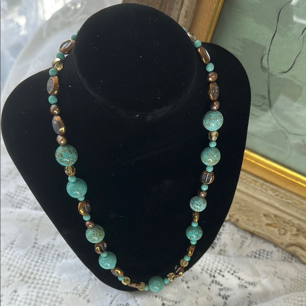 Turquoise and Cooper Brown with Gold Beaded Necklace